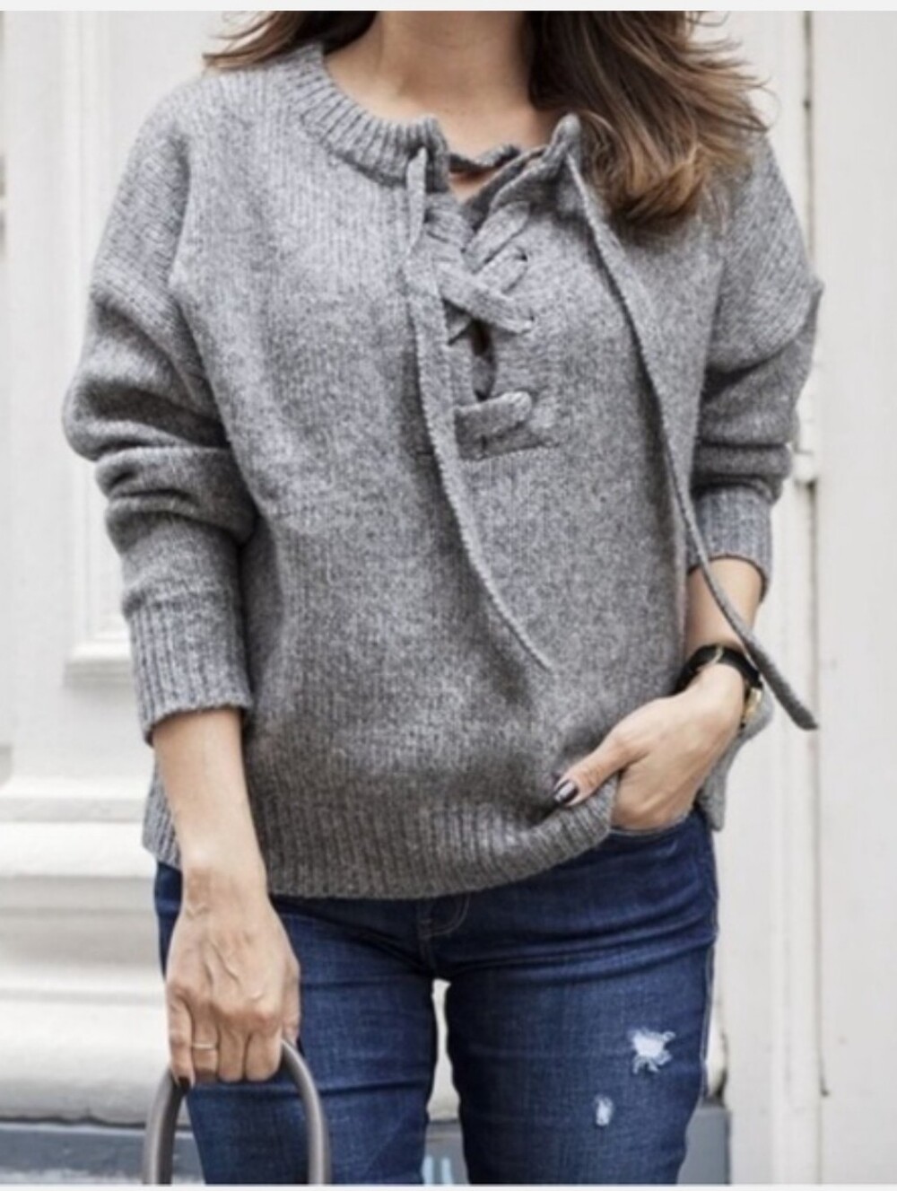 Zara Lace-Up Crewneck Sweater - Gray